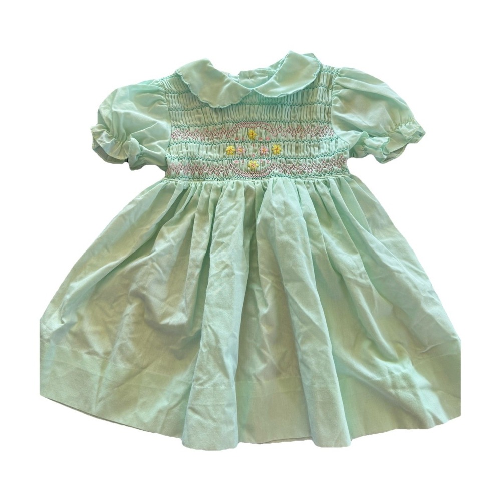 VTG Mint Green Smocked Embroidered Floral Fit Flare Collar Dress Girls 2t 3t